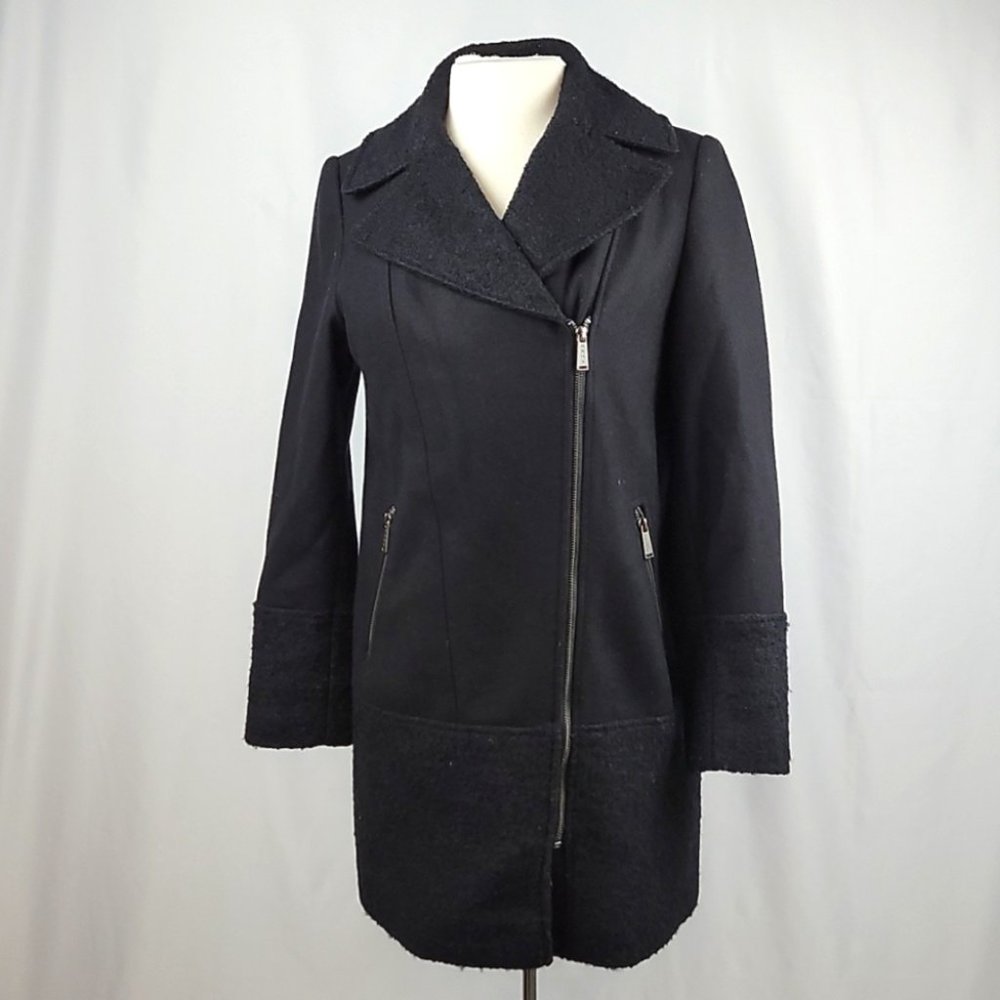 Dkny Zip Up Wool Blend Pea Coat with Bouclé Trim Black Size 2